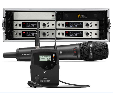 Sennheiser G4 300 Series (Ch.38) 4-way rack &ndash; supplied with ME2-US Lavalier / Tie Clip or 835 handheld microphones, aerial distribution, aerials, cables and stands.